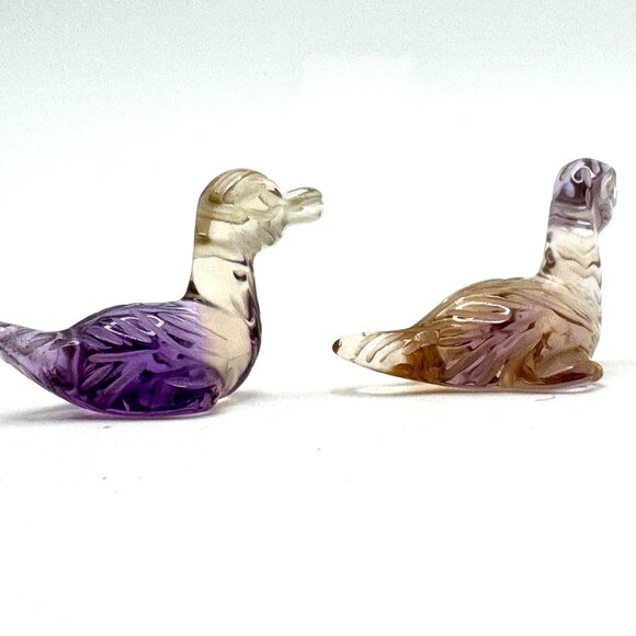 Natural Ametrine Gemstone Bird Duck Carvings .75" Set of 2 Purple Yellow - Picture 4 of 9